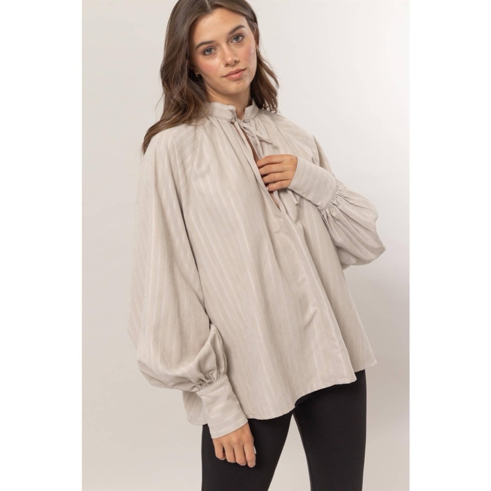 Tie-Neck Balloon Sleeve Blouse - Light Taupe